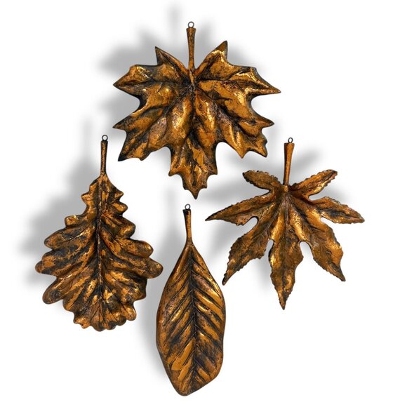 Leaf Christmas Ornaments Set of 4 Goldtone Nature Inspired Holiday Decor - Picture 2 of 8
